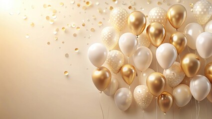 Sticker - Elegant Celebration A Cluster of Gold and Off-White Balloons Adorned with Subtle Polka Dots, Scattered Amidst Delicate Confetti on a Soft Beige Background