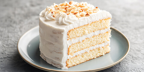 Canvas Print - Slice of layered cake with white frosting and nut topping presented on a plate against a textured gray background.