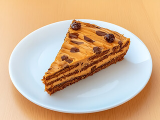 Wall Mural - A slice of multi-layered brown cake with caramel frosting and chocolate decorations on a white plate.