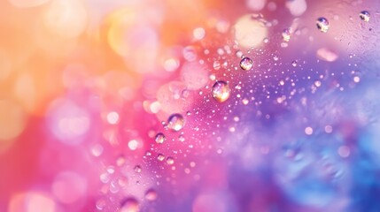 Wall Mural - Water droplets cling to a multicolored surface showing bokeh