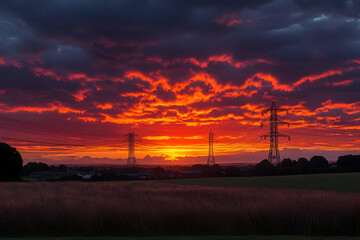 Sticker - Fiery sunset over fields, power lines. Landscape photography