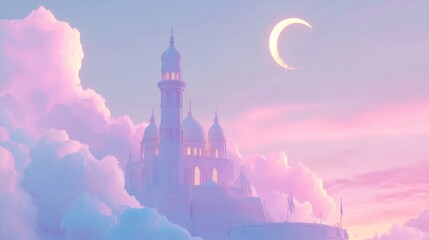 Sticker - White Mosque Among Pink Clouds and Crescent Moon