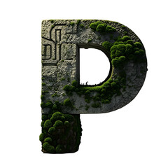 Poster -  3D letter  p      resembling an ancient stone monolith. The surface should be weather