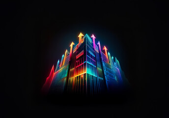 Fototapete - Shenzhen, China - Unknown Date : Abstract glowing structure with upward arrows in vibrant neon colors against a dark backdrop. Geometric shapes create a dynamic and modern feel.