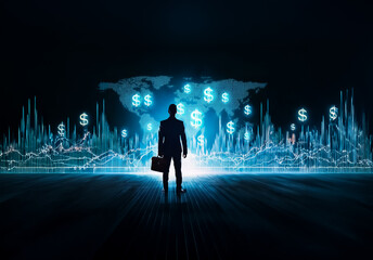 Aufkleber - Shenzhen, China - Unknown Date : A businessman silhouette with a briefcase stands before a glowing world map with dollar signs.  Digital charts and lights suggest global finance and market analysis.