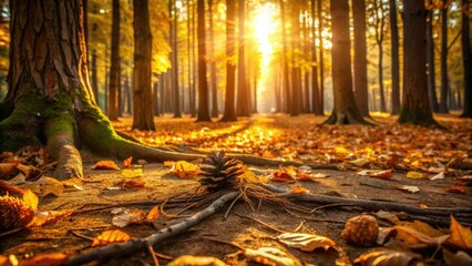 Wall Mural - Golden Hour Forest Floor A Single Pine Cone Nestled Amongst Autumn Leaves Bathed in the Warm Glow of Sunset Light