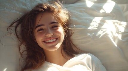 Beautiful girl with bright smile enjoying a natural morning light in a cozy and inviting bedroom setting