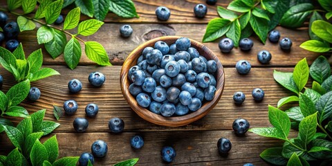 Wall Mural - A wooden bowl brimming with plump, juicy blueberries, nestled amongst vibrant green leaves on a rustic wooden surface