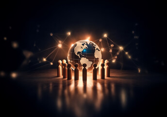 Leinwandbilder - Shenzhen, China - Unknown Date : Illuminated globe surrounded by abstract figures connected by glowing lines, representing global network and interconnectedness in a dark setting.