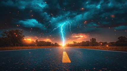 Stormy road ahead, dramatic lightning strike, sunset landscape, hopeful journey