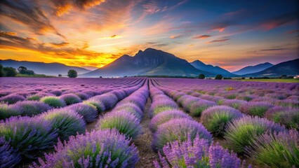 Wall Mural - Low Light Lavender Farm Mountain Sunset Photography, Purple Fields, Night Landscape