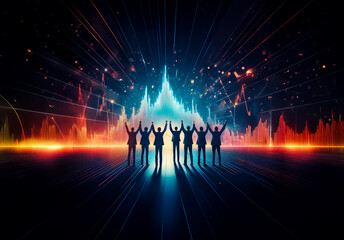 Aufkleber - Shenzhen, China - Unknown Date : A team of silhouettes raises their hands triumphantly against a vibrant backdrop of abstract light and colorful data visualizations, radiating energy and success.