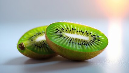 Poster - Freshly cut kiwi fruit halves displayed prominently on a white surface with natural lighting