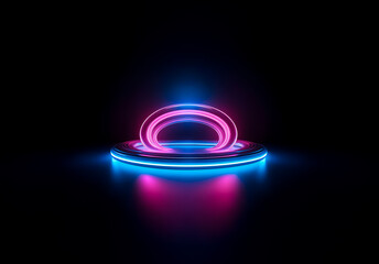 Fototapete - Shenzhen, China - Unknown Date : A luminous neon ring and platform emanate vibrant pink and blue light against a stark black backdrop. An abstract, futuristic composition with a digital and modern aes