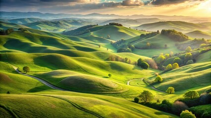 Wall Mural - Serene Rolling Hills Landscape at Golden Hour A Pastoral Scene of Undulating Meadows and Verdant Pastures Under a Dramatic Sky