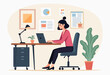© Office Stock Pro - A woman is sitting at a desk, working on a laptop computer with a potted plant and a lamp nearby. Flat vector illustration