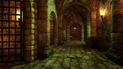 Aufkleber - 3D animation of an ancient fantasy medieval dungeon with burning torches on the walls.