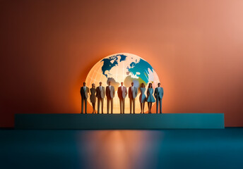 Leinwandbilder - Shenzhen, China - Unknown Date : A diverse team stands united before a glowing globe, representing global business and teamwork. Warm light emphasizes success and unity.