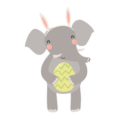 Wall Mural - Cute elephant with bunny ears, holding Easter egg character illustration. Hand drawn flat style design, isolated vector. Holiday clip art, kids print element, seasonal card, banner, poster