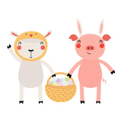 Wall Mural - Cute pig, sheep, holding basket of Easter eggs in basket character illustration. Hand drawn flat style design, isolated vector. Holiday clip art, kids print element, seasonal card, banner, poster