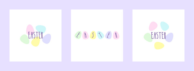 Naklejka na meble Set of Easter cards. Cute easter eggs and greeting text. Simple Holiday decoration. Trendy design with typography, painted eggs in pastel colors. Perfect for poster, print, card, invitation, wallpaper