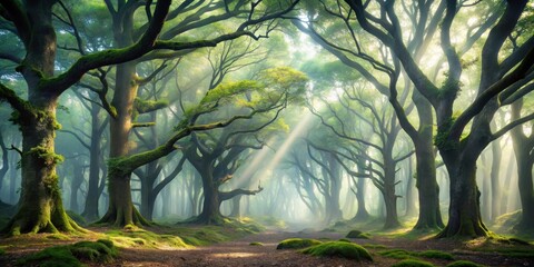 Wall Mural - Sunbeams Illuminate Ancient Forest Path, Moss-Covered Trees Create Mystical Atmosphere