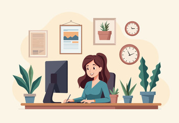 a woman is working at a desk in an office, surrounded by plants and clocks, with a computer monitor 