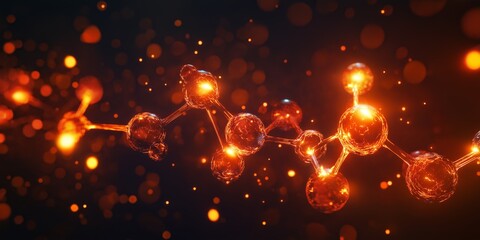 Wall Mural - Explore dynamic molecular designs with glowing spheres in vibrant red and orange colors against a dark, abstract background