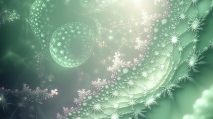 Wall Mural - A fractal universe of ethereal green and soft lavender tones, featuring delicate floral-like spirals and glowing particles that cascade through an endless digital void.