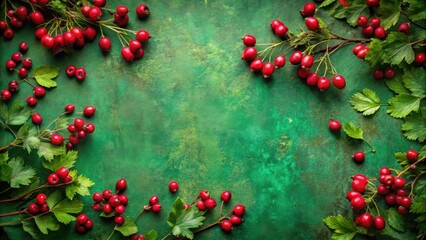 Wall Mural - A vibrant green background adorned with clusters of ripe red berries and lush green leaves, creating a picturesque autumnal frame.