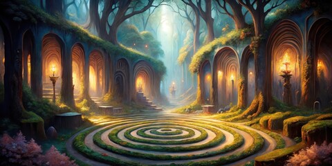 Canvas Print - Enchanted Forest Sanctuary A Mystical Grove with Ancient Stone Arches, Illuminated Pathways, and a Spiraling Labyrinth in a Serene Woodland Setting