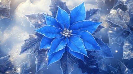 Wall Mural - A blue poinsettia flower surrounded by icy crystal decorations, its leaves glowing with a frosty luminescence against a cool, snowy backdrop of glacial hues.