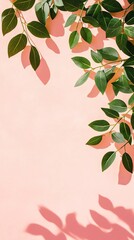 Wall Mural - Fresh green leaves against a soft pink background, creating a serene and vibrant aesthetic for your nature-themed project.