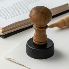 Poster - Classic Wooden Stamp Resting On Paper With Document and Pen, Emphasizing Tradition and Craftsmanship.