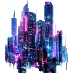 Aufkleber - Cyberpunk Dreams: A Dazzling Nightscape of Futuristic Skyscrapers Bathed in Neon Lights on a Stark White Background