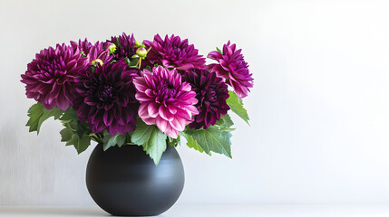 Wall Mural - A dramatic Ikebana display with dark purple dahlias and black ceramic vase