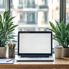 Poster - Laptop with Blank Screen on Desk by Window Featuring Green Plants, Coffee Cup, and Work Supplies