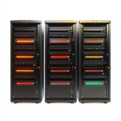 Leinwandbilder - Three Server Racks with Illuminated Displays, Indicating Status and Functionality, set against a Clean White Background.