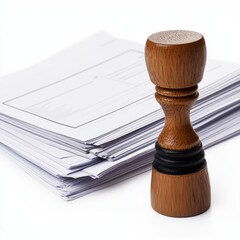Poster - Wooden Stamp and Stack of Paper, Isolated on White for Office Tasks and Documentation