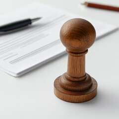 Poster - Wooden Stamp on White Desk with Documents and Pen Ready for Office Work and Legal Approval.