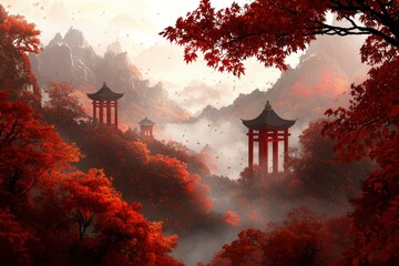 Poster - Pagodas amidst autumn foliage; Scenic vistas of tranquil mountains in soft sunlight