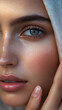 © Naiuang - A close-up of a muslim woman's face with glowing, radiant skin, enhanced by a thin layer of sun tan oil
