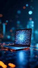 Wall Mural - A sleek, modern laptop on a surface with a circuit board design, with its screen displaying a vibrant, intricate circuit pattern glowing with blue and orange hues, technology and connectivity concept
