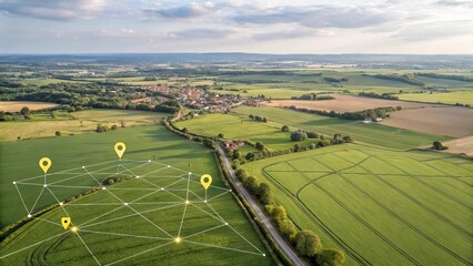 a digital map overlay on an aerial view of green farmlands with location markers, representing smart