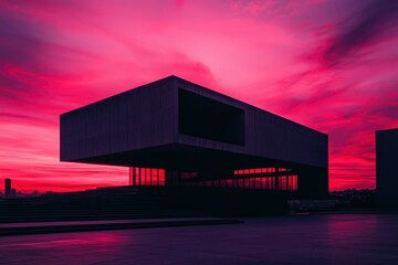 Wall Mural - Modern architecture stands silhouetted against a vibrant sunset landscape backdrop