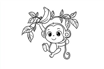 Wall Mural - Little monkey hanging from a vine, holding a banana.