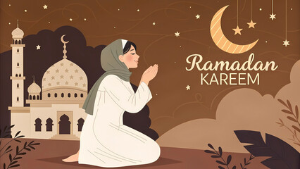 Wall Mural - A Young Girl's Devotion: Praying Under the Stars During the Holy Month of Ramadan