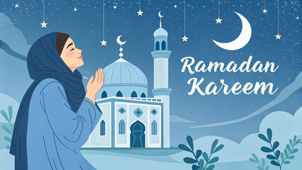 Wall Mural - A Sacred Moment: A Young Girl's Prayer Under the Moonlight During Ramadan