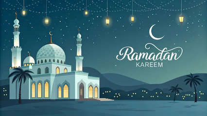 Wall Mural - Golden Reflections: The Mosque's Beauty Under the Ramadan Night Sky