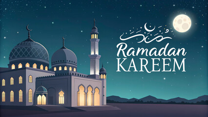 Wall Mural - A Peaceful Ramadan Evening: The Mosque's Splendor Against the Starry Sky